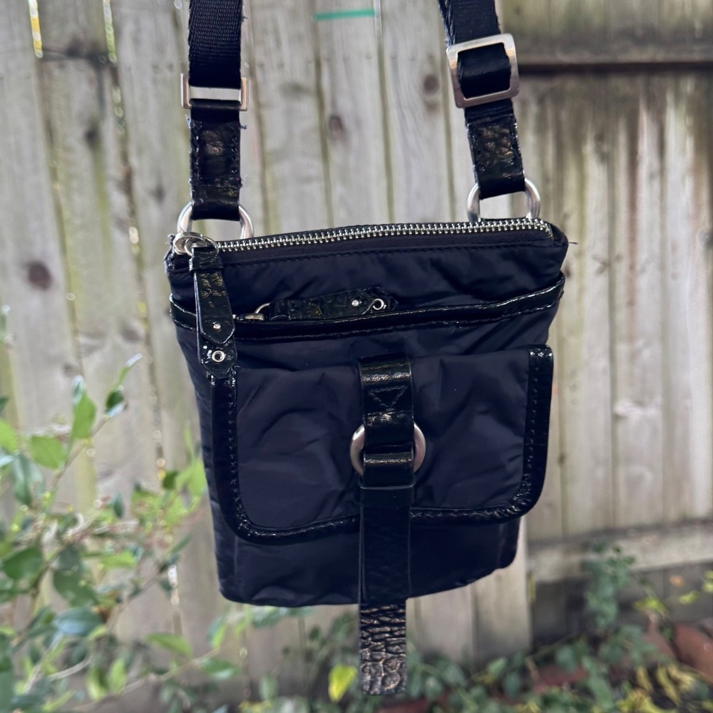 Cole Haan Black Nylon Patent Leather Trim Adjustable Strap Crossbody Bag Purse